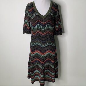 Missoni Women's Dark Green Striped V-Neck Short Sleeve Dress Size Small